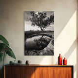 Tree Reflection, Still Water, Peaceful Nature, Framed Canvas Print, Tranquil Wall Art, Rustic Bedroom Decor, Black and White Photography