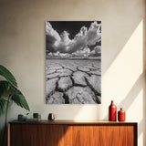 Cracked Earth, Storm Sky, Desert View, Framed Canvas Print, Dramatic Landscape Art, Modern Living Room Decor, Moody Minimalist Wall Art