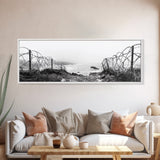 Barbed Coast, Foggy Beach, War Fence, Ocean Boundary, Framed Canvas Print, Industrial Wall Art, Living Room Decor, Black and White Art