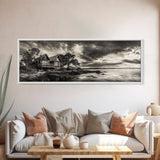 Lakeside Cabin, Stormy Sky, Rustic Escape, Framed Canvas Print, Cabin Wall Art, Lake House Decor, Autumn Living Room Art, Cozy Lodge Style