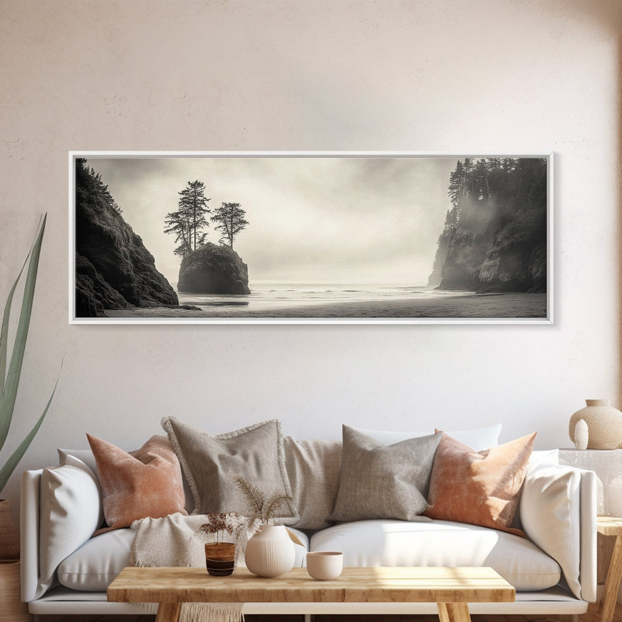Foggy Beach, Coastal Pines, Ocean Cliffside, Nature Escape, Framed Canvas Print, Moody Wall Art, Living Room Decor, Pacific Northwest Style