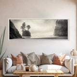 Foggy Beach, Coastal Pines, Ocean Cliffside, Nature Escape, Framed Canvas Print, Moody Wall Art, Living Room Decor, Pacific Northwest Style