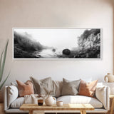 Rocky Cove, Coastal Mist, Foggy Morning, Cliffside Ocean, Canvas Print, Monochrome Wall Art, Bathroom Art, Minimalist Photography
