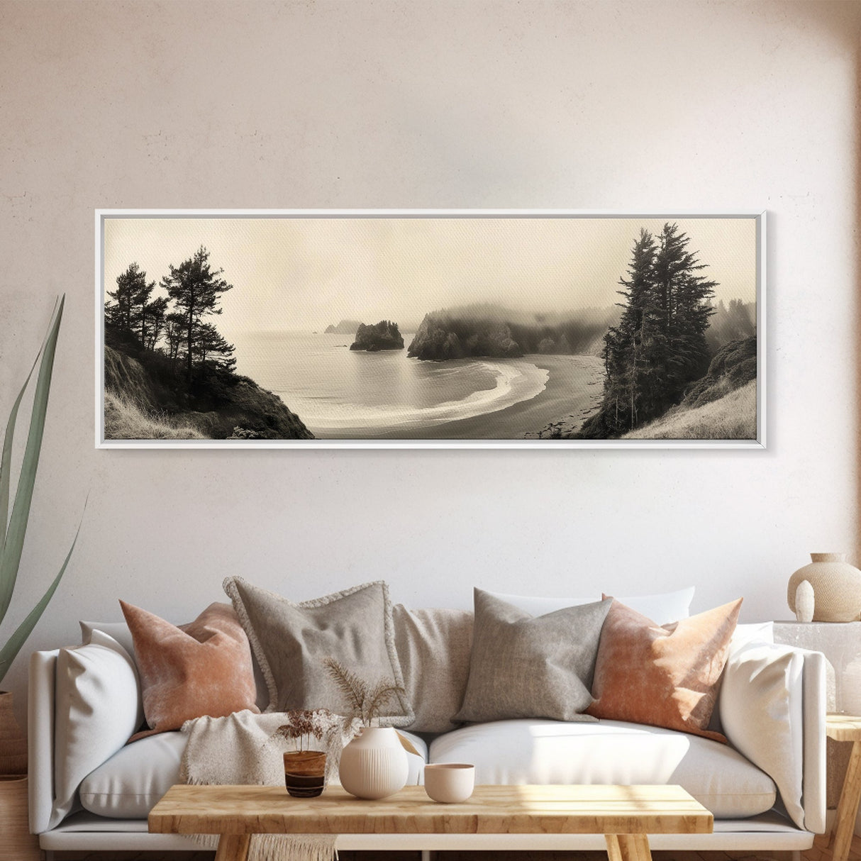 Misty Bay, Forested Coast, Moody Landscape, Serene Shoreline, Framed Canvas Print, Coastal Wall Art, Bedroom Decor, Earthy Tones