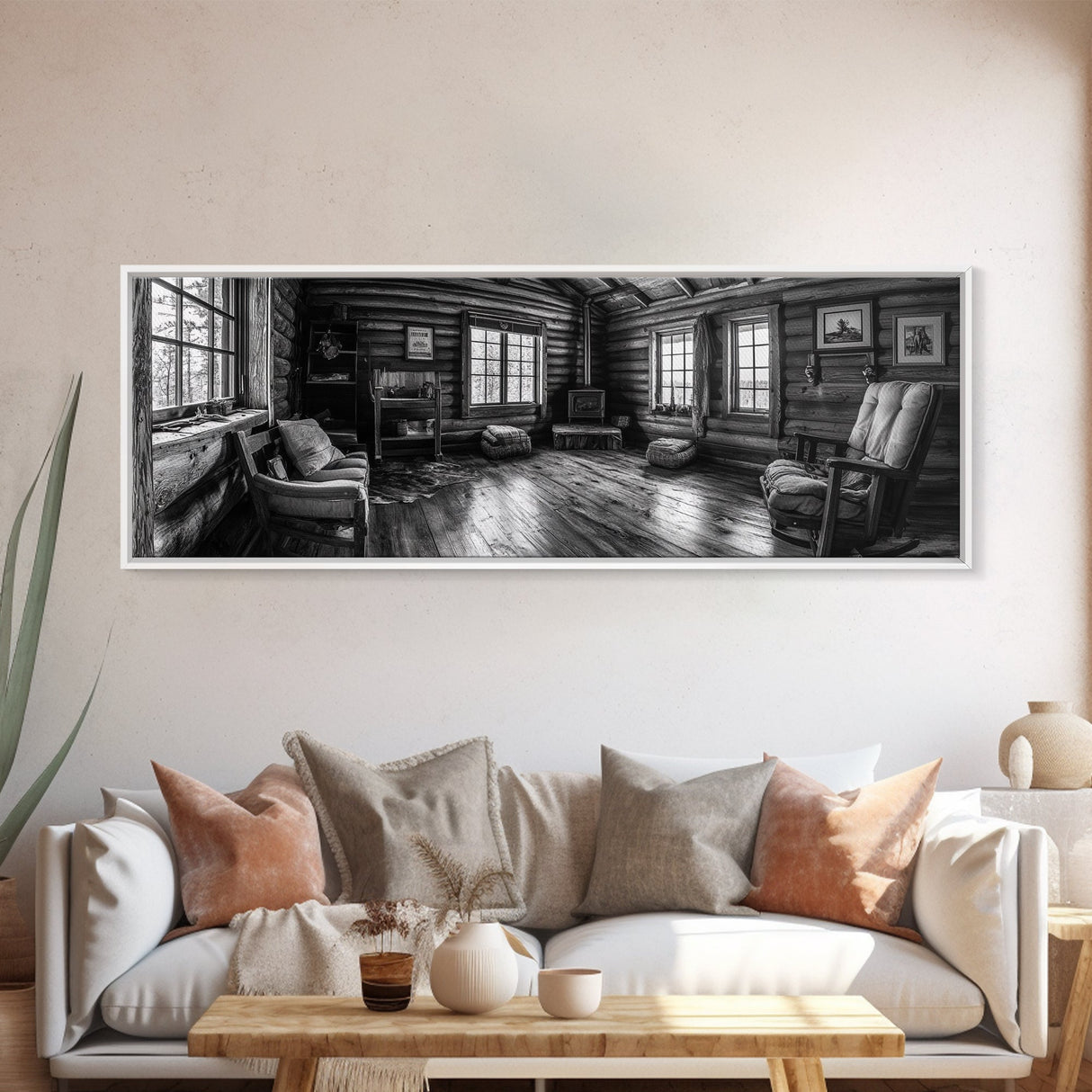 Rustic Cabin, Cozy Interior, Nature Retreat, Framed Canvas Print, Living Room Wall Art, Black and White Photography, Lodge Decor
