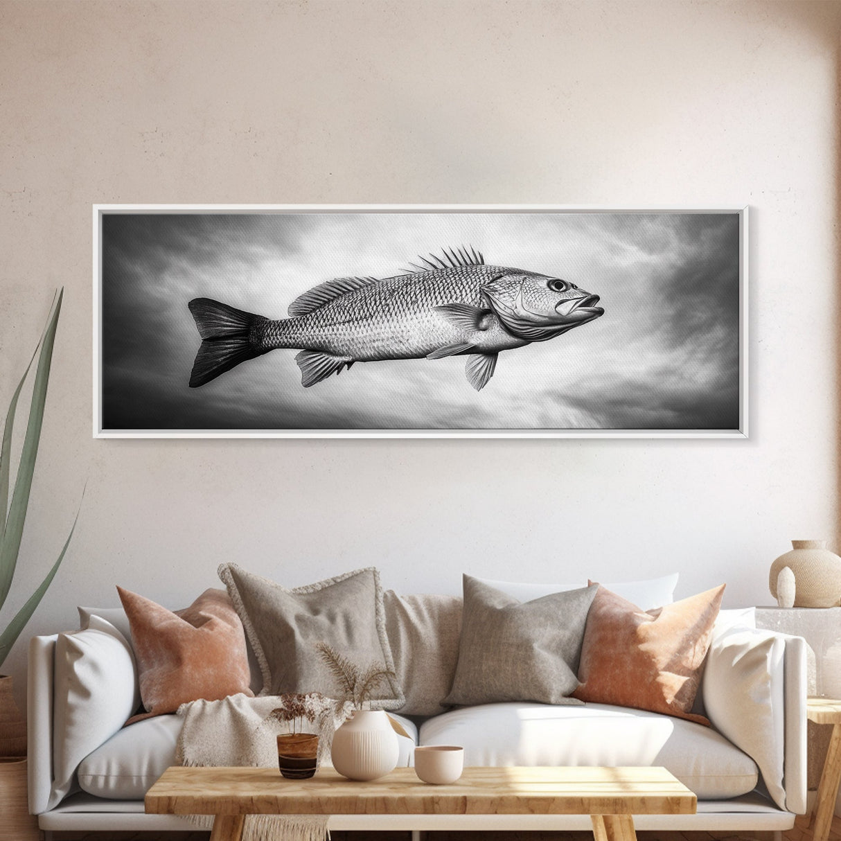 Floating Fish, Surreal Ocean, Realistic Scales, Sky Scene, Framed Canvas Print, Nautical Wall Art, Coastal Decor, Fishing Cabin Aesthetic