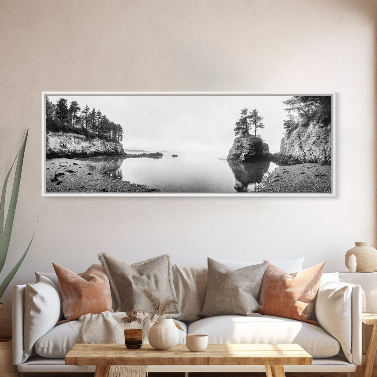 Forest Cove, Serene Shoreline, Calm Reflections, Canvas Print, peaceful nature wall art, neutral tones decor, minimalist bathroom artwork