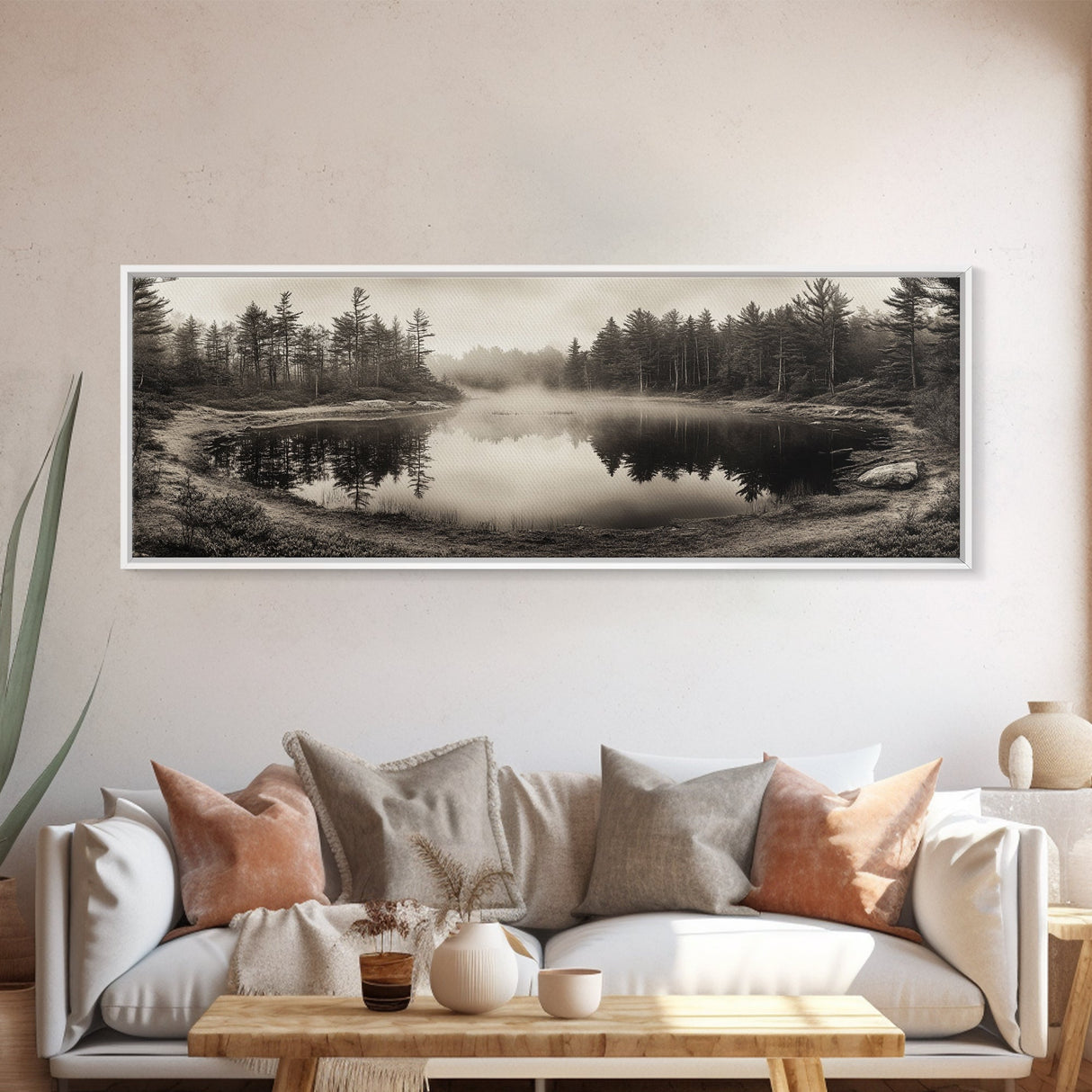 Misty Forest, Autumn Lake, Fog Reflections, Framed Canvas Print, cozy cabin decor, woodland living room art, rustic Fall photography