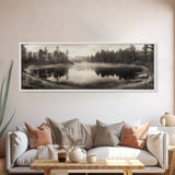 Misty Forest, Autumn Lake, Fog Reflections, Framed Canvas Print, cozy cabin decor, woodland living room art, rustic Fall photography