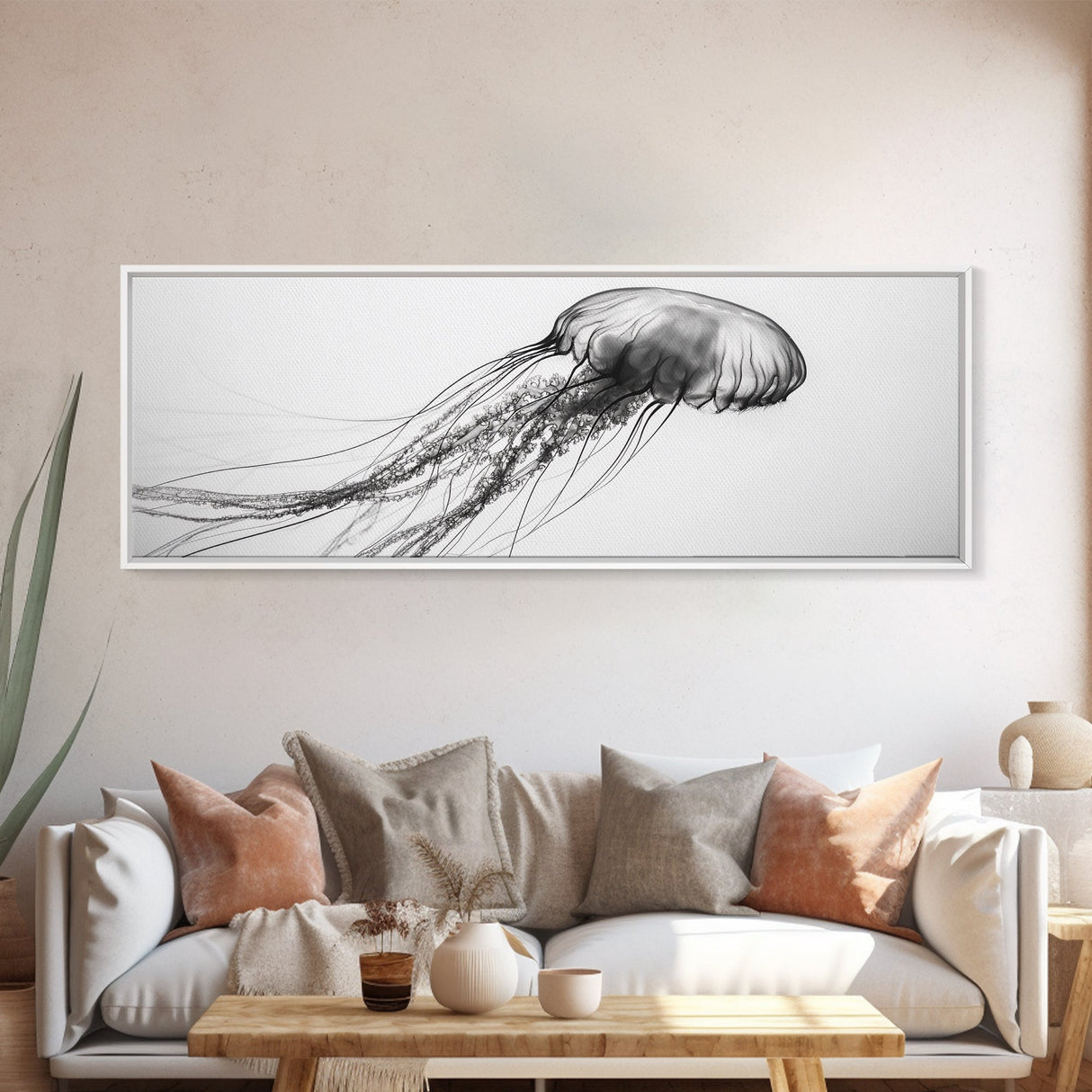 Jellyfish, Ocean Flow, Underwater Beauty, Canvas Print, Marine life wall decor, Coastal bathroom art, Minimalist ocean art, Black and white