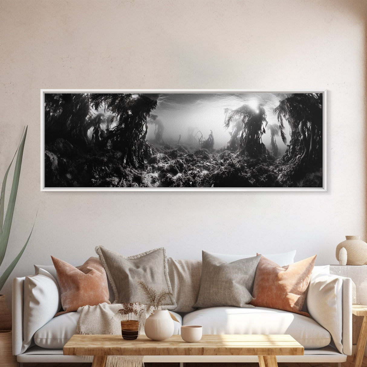 Kelp Forest, Underwater Magic, Ocean Depths, Framed Canvas Print, Marine nature photography, Bathroom wall decor, Moody coastal aesthetic