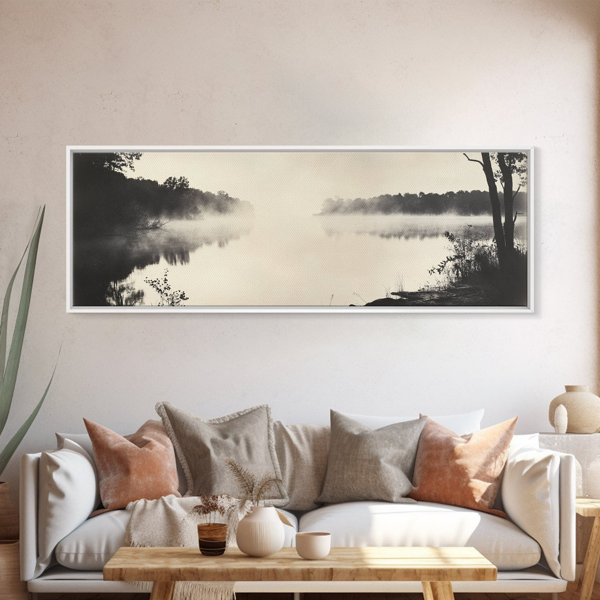 Misty River, Forest Reflection, Black and White Nature, Framed Canvas Print, Tranquil Decor, Bedroom Wall Art, Moody Minimalist Art