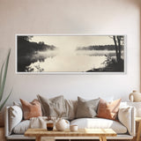 Misty River, Forest Reflection, Black and White Nature, Framed Canvas Print, Tranquil Decor, Bedroom Wall Art, Moody Minimalist Art