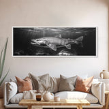 Underwater Fish, Lake Trout, Black and White Ocean, Framed Canvas Print, Coastal Bathroom Art, Fisherman Gift, Nautical Wall Decor