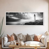 Dramatic Lighthouse Coast, Ocean Storm Horizon, Coastal Adventure, Framed Canvas Print, Living Room Wall Art, Nautical Fall Decor