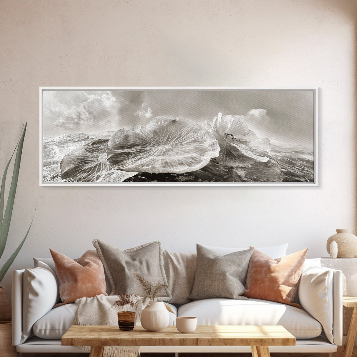 Lotus Bloom Abstract, Water Petals Art, Nature Floral Zen, Framed Canvas Print, Bathroom Wall Art, Minimalist Spa Decor, Beach Wall Decor