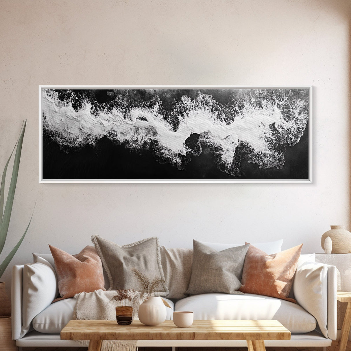 Ocean Wave, Aerial Surf, Coastal Abstract, Monochrome Motion, Framed Canvas Print, Modern Bathroom Art, Minimalist Art, Black and White Decor