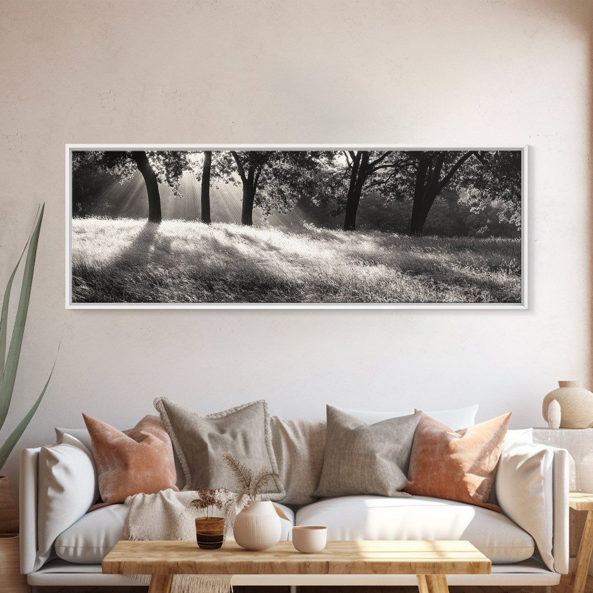 Sunrays Meadow, Tree Light, Golden Hour, Framed Canvas Print, Fall Living Room Art, Rustic Nature Decor, Warm Toned Landscape