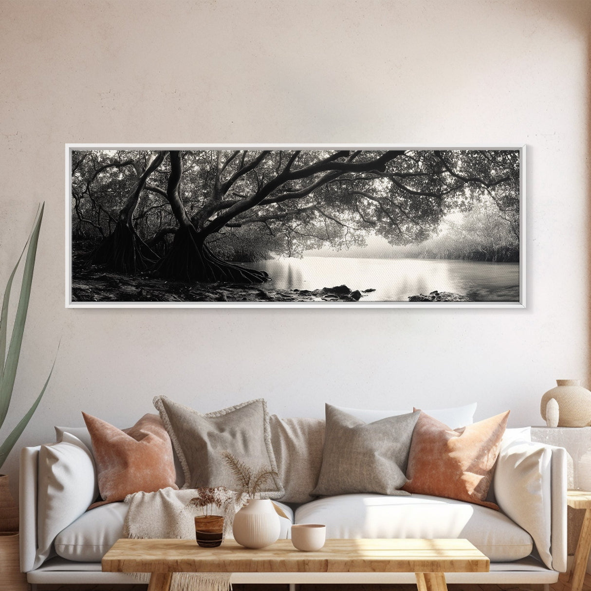 Mangrove Forest, River Flow, Rooted Stillness, Canvas Print, Zen Office Decor, Moody Jungle Art, Monochrome Nature Print