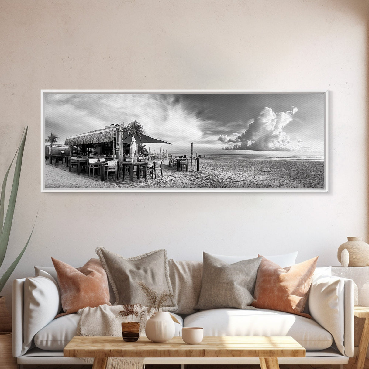 Seaside Bar, Beach Café, Oceanfront Dining, Cloudy Sky, Framed Canvas Print, Kitchen Wall Art, Black and White Tropical Art, Travel Decor