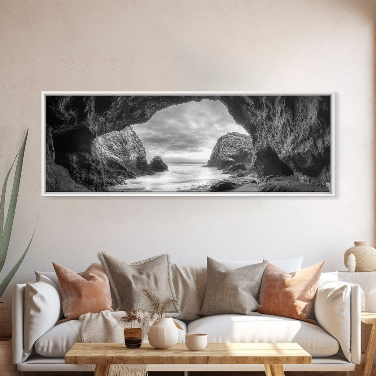 Sea Cave View, Coastal Rock Art, Monochrome Seascape, Framed Canvas Print, Bathroom Wall Art, Nature Photography, Moody Ocean Decor