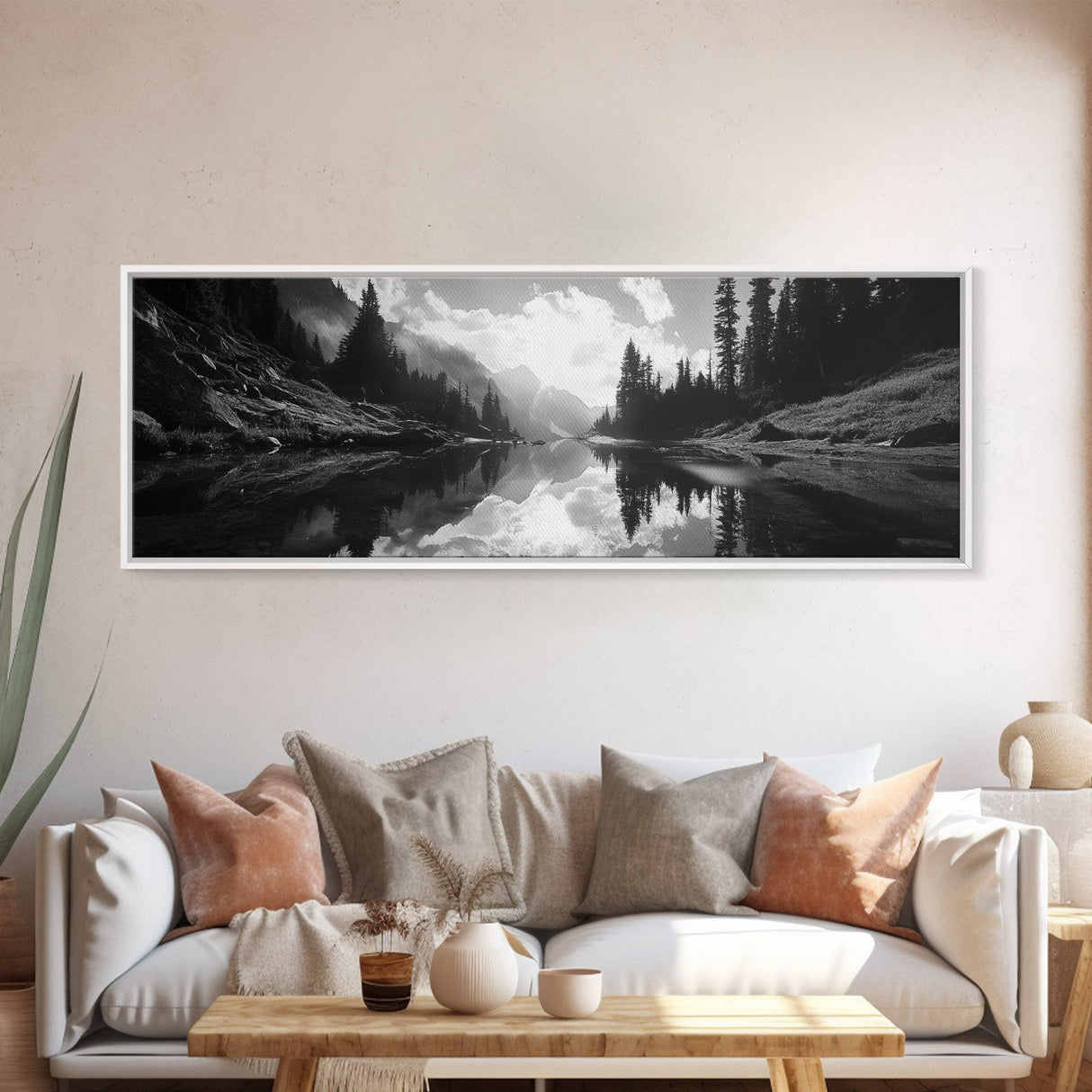 Alpine Lake Scene, Black and White Forest, Serene Mountain Print, Framed Canvas Print, Rustic Wall Art, Cabin Living Room Decor