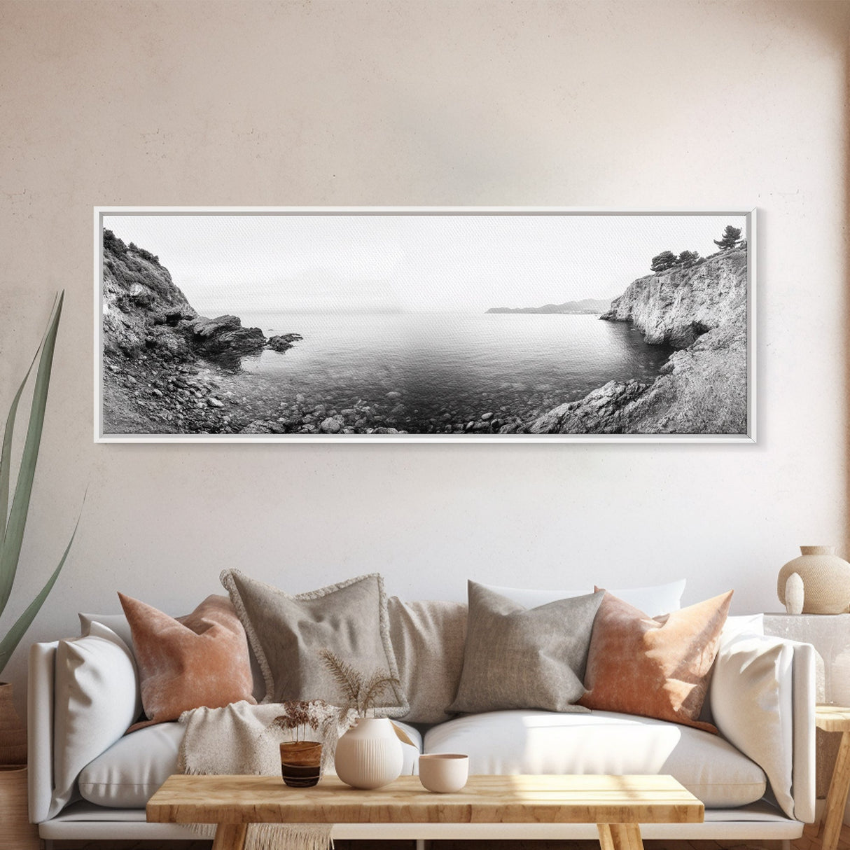 Rocky Coastline, Minimalist Seascape, Black and White Shoreline, Framed Canvas Print, Coastal Wall Art, Bathroom or Hallway Decor