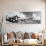 Seaside Bar, Beach Café, Oceanfront Dining, Cloudy Sky, Framed Canvas Print, Kitchen Wall Art, Black and White Tropical Art, Travel Decor