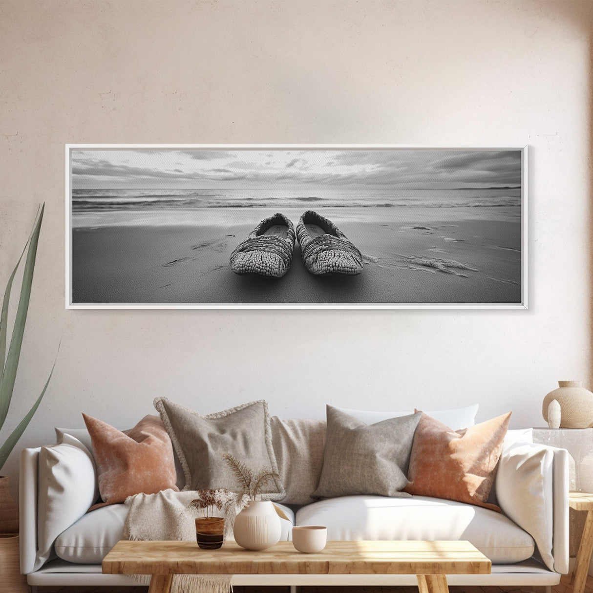 Woven Shoes, Coastal Walk, Ocean Breeze, Boho Style, Framed Canvas Print, Entryway Wall Art, Minimalist Beach Art, Seashore Photography