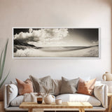 Cloudy Beach, Sandy Shoreline, Coastal Serenity, Framed Canvas Print, Neutral Tones Wall Art, Minimalist Bathroom or Hallway Decor