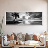 Solitary Palm Tree, Ocean Storm, Moody Landscape, Beach Wall Decor, Framed Canvas Print, Coastal Living Room Art, Monochrome Photography