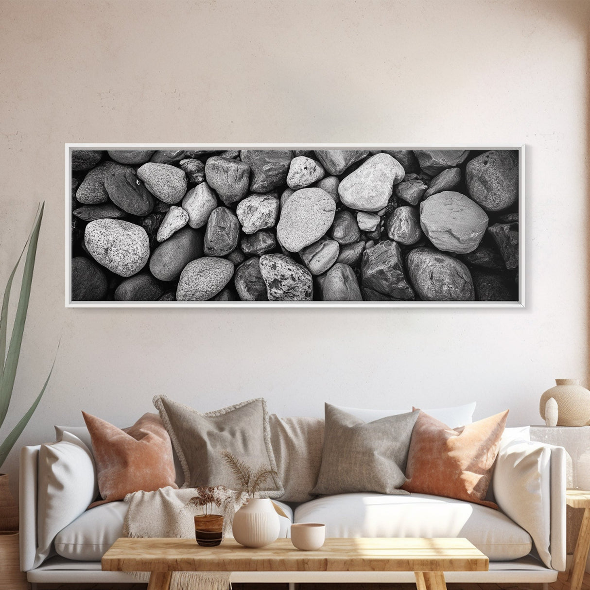 Zen Stones, Nature Texture, River Rock Closeup, Minimalist Photography, Framed Canvas Print, Spa Bathroom Wall Art, Modern Black White