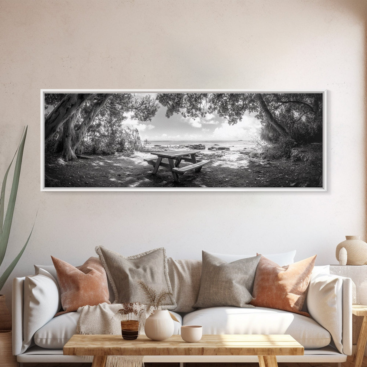 Secluded Picnic Spot, Ocean View, Tranquil Escape, Nature Sanctuary Art, Framed Canvas Print, Kitchen Wall Decor, Coastal Forest Vibe