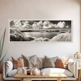 Misty Lake, Peaceful Shore, Cloud Reflections, Canvas Print, Black and White Nature Art, Coastal Landscape, Bedroom Wall Art, Minimalist Decor