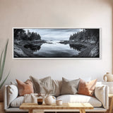 Forest Inlet, Calm Waters, Rocky Shore, Framed Canvas Print, Pacific Northwest Wall Art, Neutral Decor, Nature Photography, Rustic Vibes