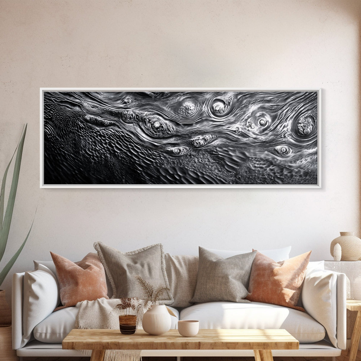 Liquid Texture Waves, Abstract Water Photography, Monochrome Art, Framed Canvas Print, Modern Living Room Wall Art, Nature-Inspired Decor