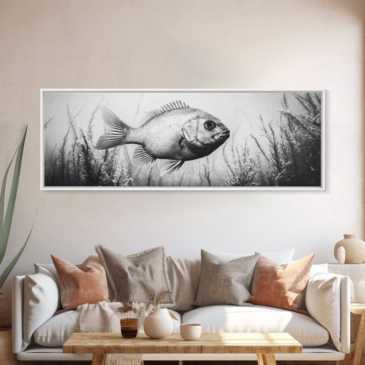 Underwater Fish, Aquatic Life, Marine Habitat, Ocean Depth, Framed Canvas Print, Bathroom Wall Art, Minimalist Nature Art, Sea Creature Decor