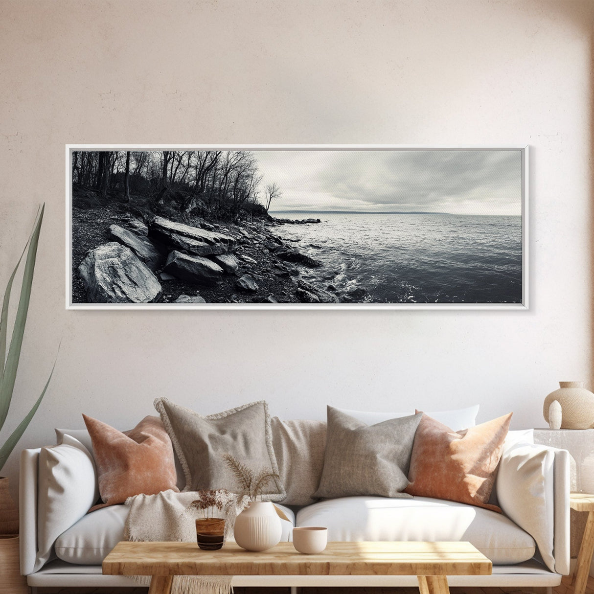 Misty Coast, Rocky Shore, Moody Seascape, Framed Canvas Print, Coastal Wall Art, Nature Photography, Rustic Bedroom Decor, Cabin Style