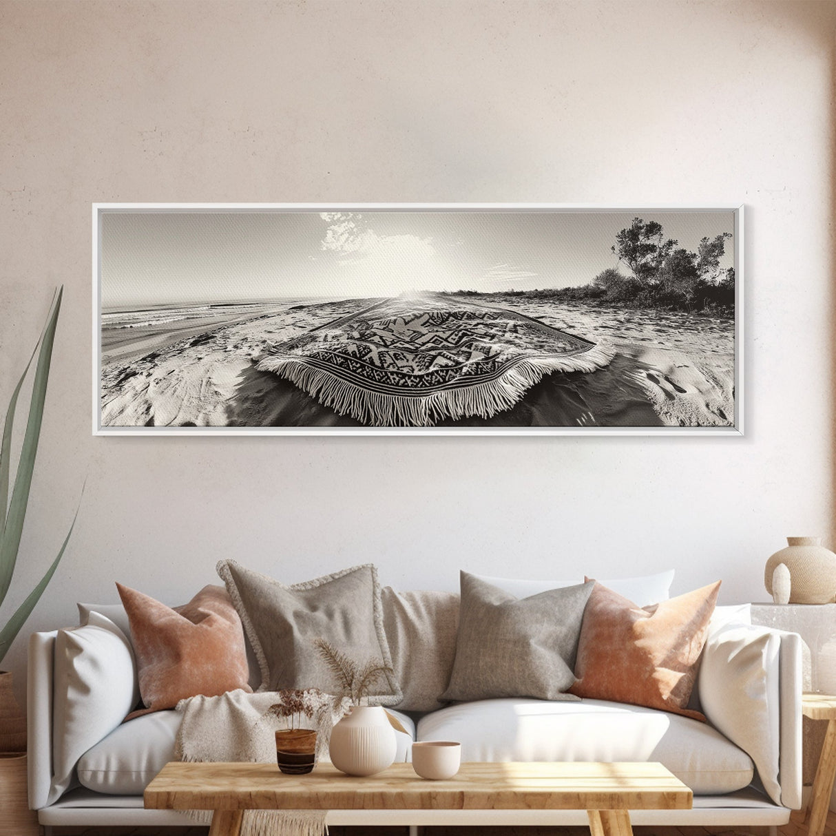 Boho Blanket, Sunrise Beach, Woven Textile, Framed Canvas Print, Bohemian Wall Art, Minimalist Bedroom Decor, Coastal Living Style