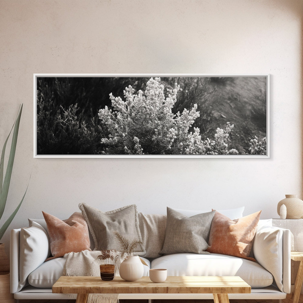 Frosted Bush, Winter Plant, Nature Closeup, Framed Canvas Print, Botanical Wall Art, Neutral Bedroom Decor, Rustic Autumn Style