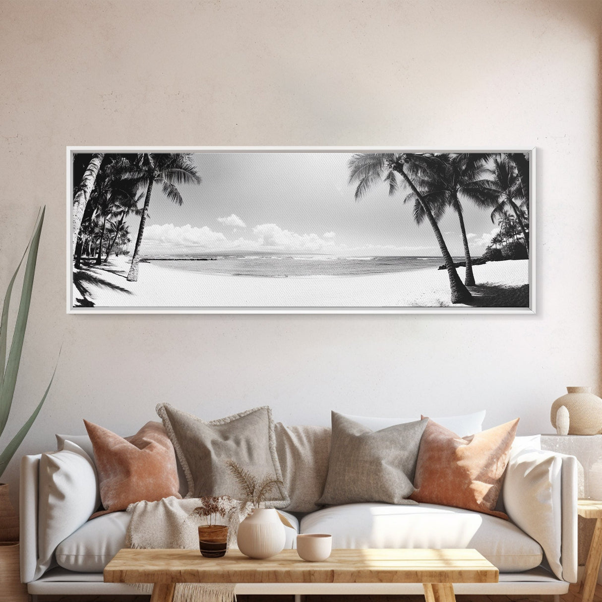 Tropical Beach Scene, Palm Tree Horizon, Ocean Serenity, Island Life, Framed Canvas Print, Coastal Wall Art, Living Room Decor, Minimalist Vibe