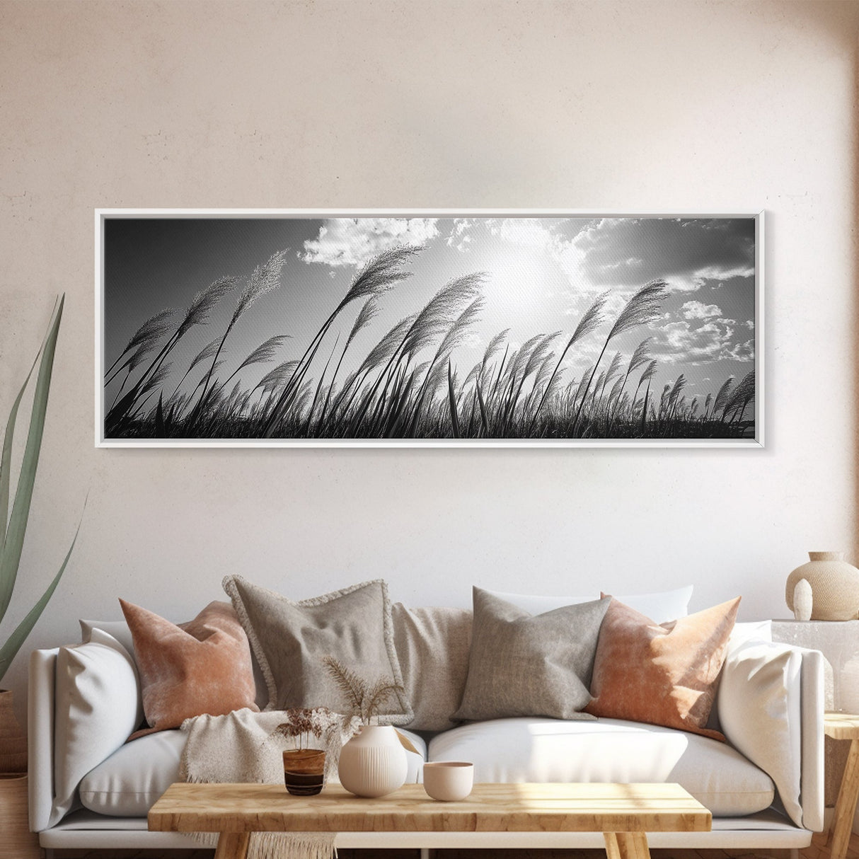 Windy Grass Field, Sunlit Sky, Nature Movement, Prairie Glow, Framed Canvas Print, Fall Wall Art, Living Room Decor, Boho Rustic Aesthetic