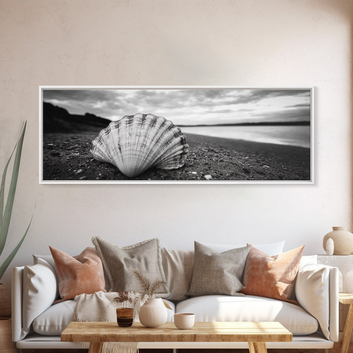 Shell on Shore, Monochrome Coastal, Canvas Print, Boho Wall Art, Bathroom Wall Decor, Natural Beach Aesthetic, Ocean Inspired Art
