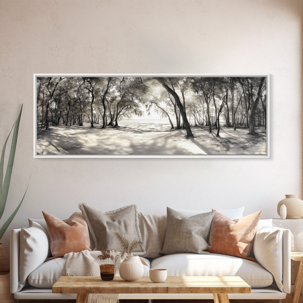 Dreamy Beach Forest, Sepia Trees, Canvas Print, Nature Wall Decor, Fall Bedroom Art, Rustic Woodland Landscape, Tree Shadow Light