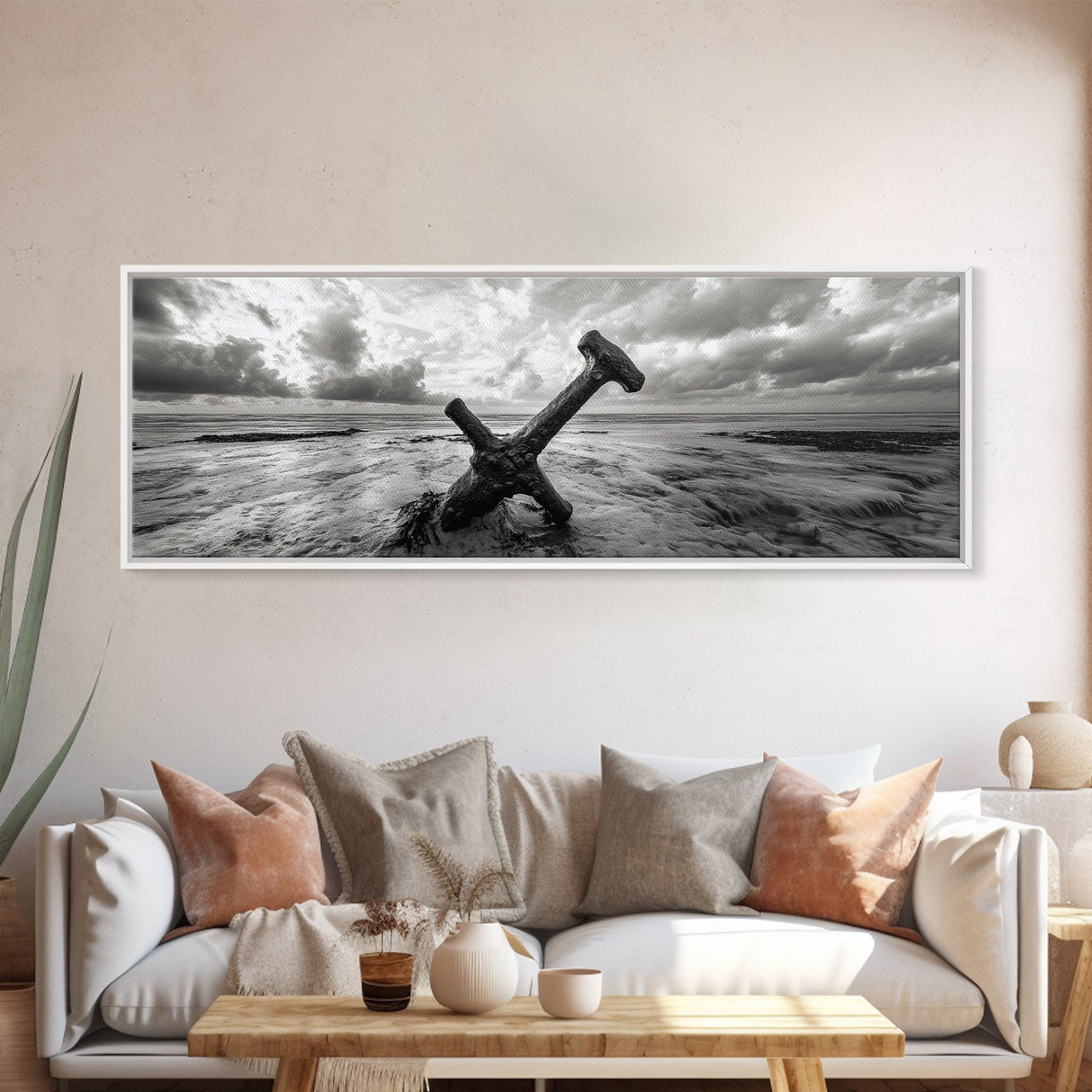 Seaside Iron Anchor, Rustic Beach Print, Nautical Ocean Art, Framed Canvas Print, Moody Wall Decor, Coastal Living Room Art