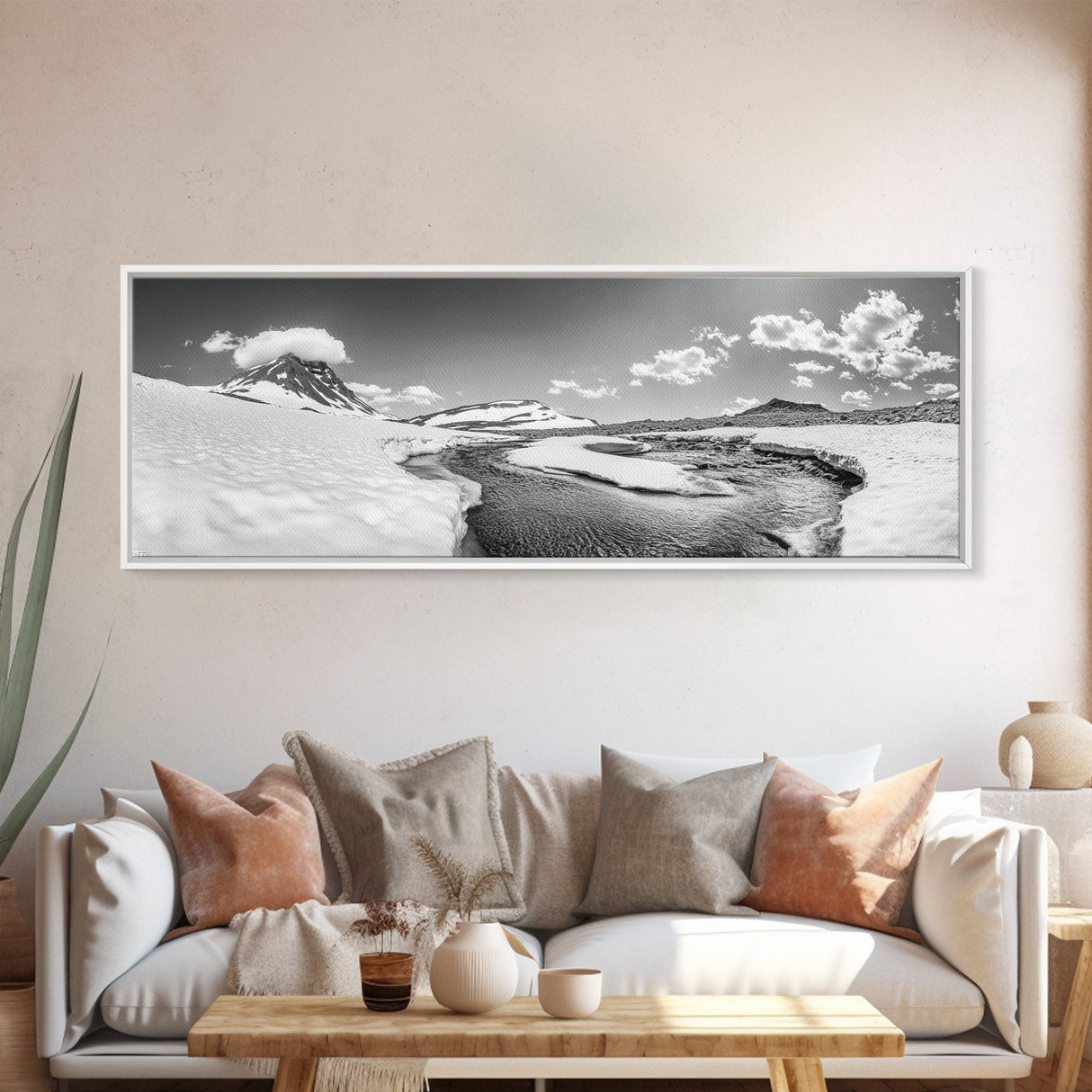 Arctic Stream, Mountain Snow, Clear Sky, Framed Canvas Print, Scandinavian decor, nature wall art, winter bedroom print, cool color tones