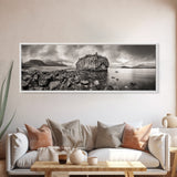 Island Shoreline, Rocky Coast View, Monochrome Nature, Framed Canvas Print, coastal kitchen decor, moody mountain beach wall art