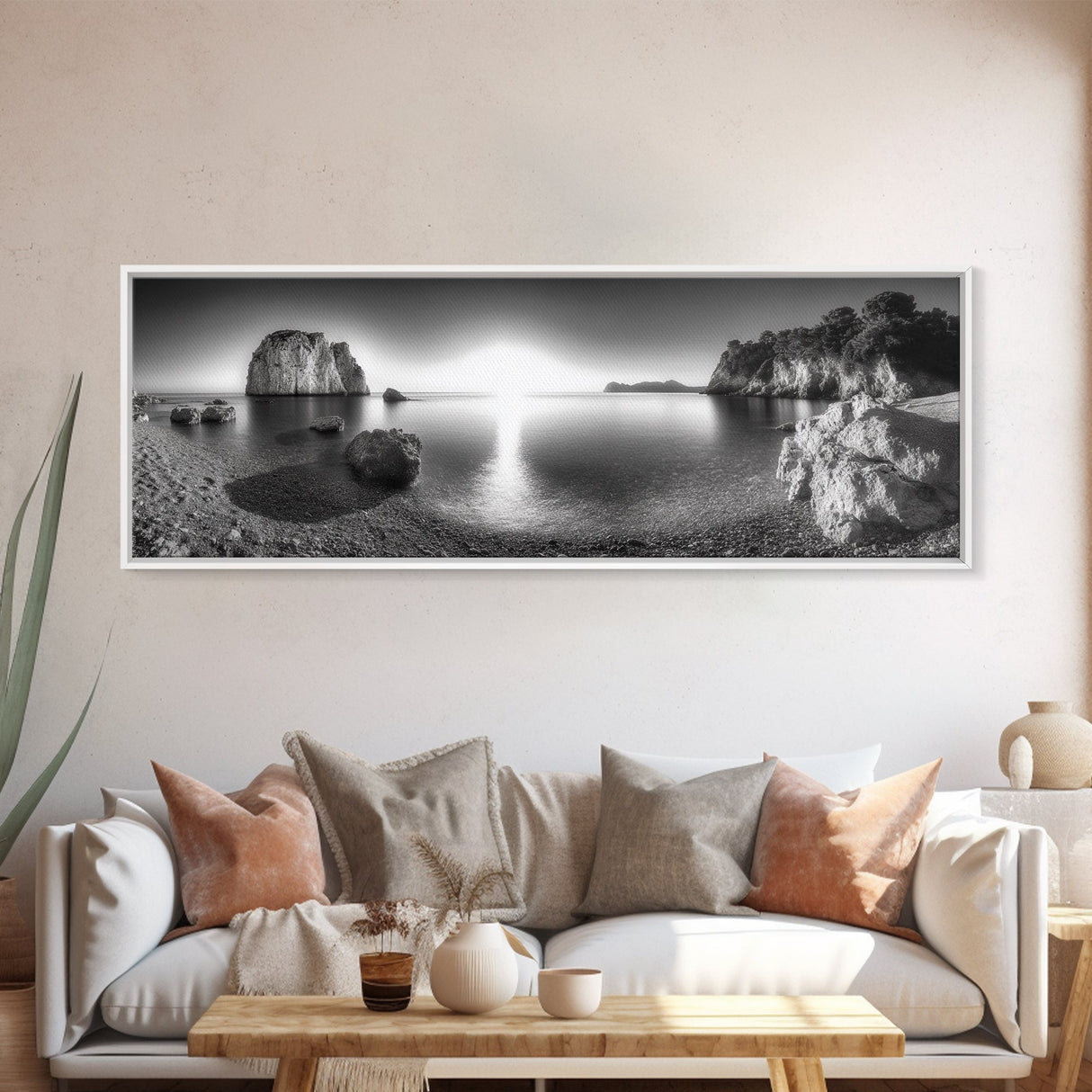 Seaside Sunrise, Rocky Beach Calm, Coastal Light, Canvas Print, peaceful ocean decor, minimalist sunrise wall art, zen meditation space