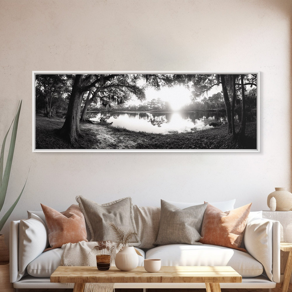 River Sunset, Mossy Trees, Tranquil Reflection, Framed Canvas Print, southern forest wall art, peaceful living room decor, rustic boho vibe