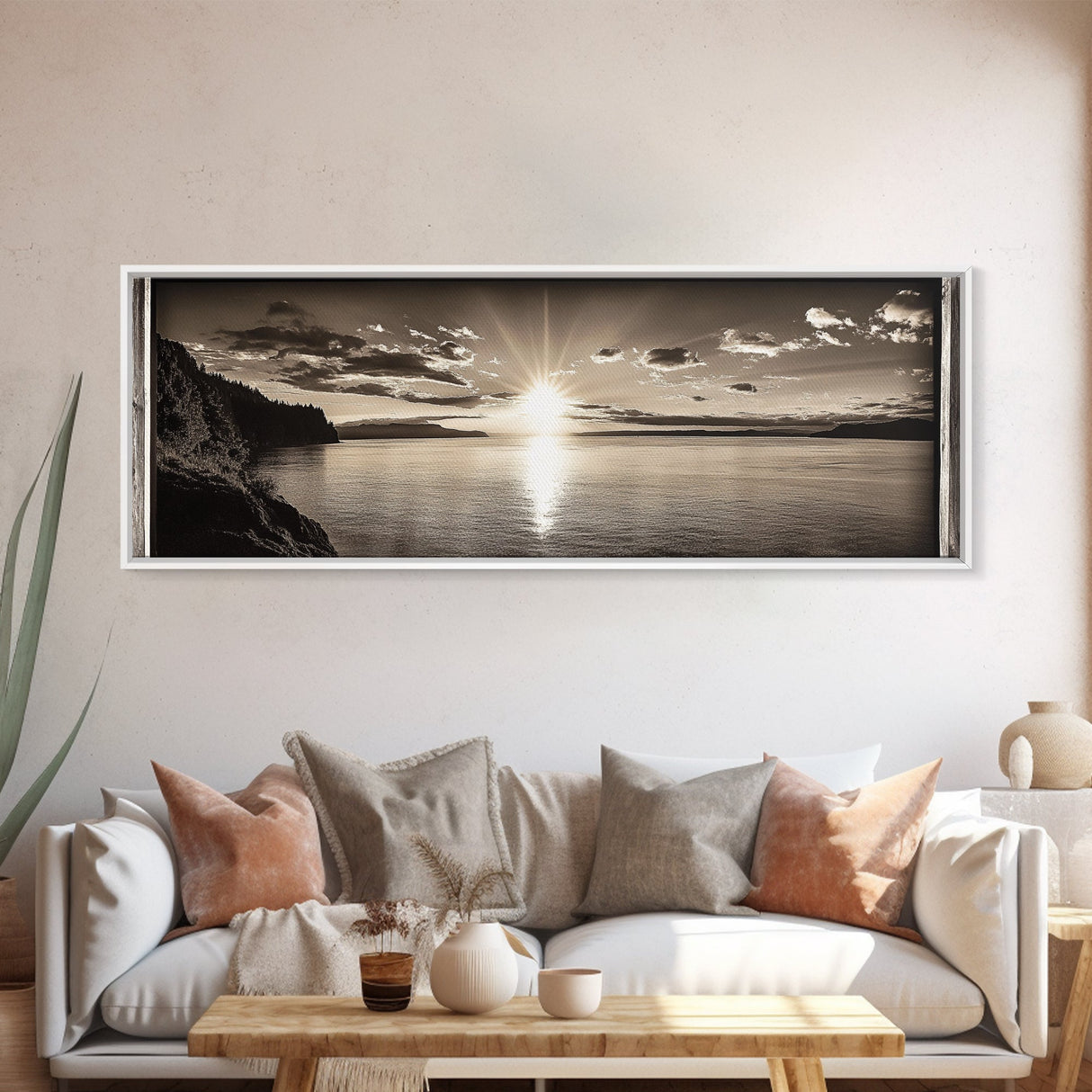 Sepia Horizon, Sunset Lake, Nature Tranquility, Canvas Print, cabin wall decor, warm autumn lake art, peaceful sepia photography